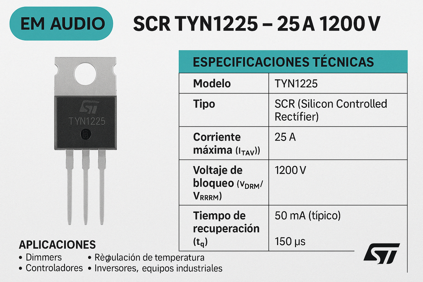 SCR TYN1225 - 25A 1200V Original STMicroelectronics